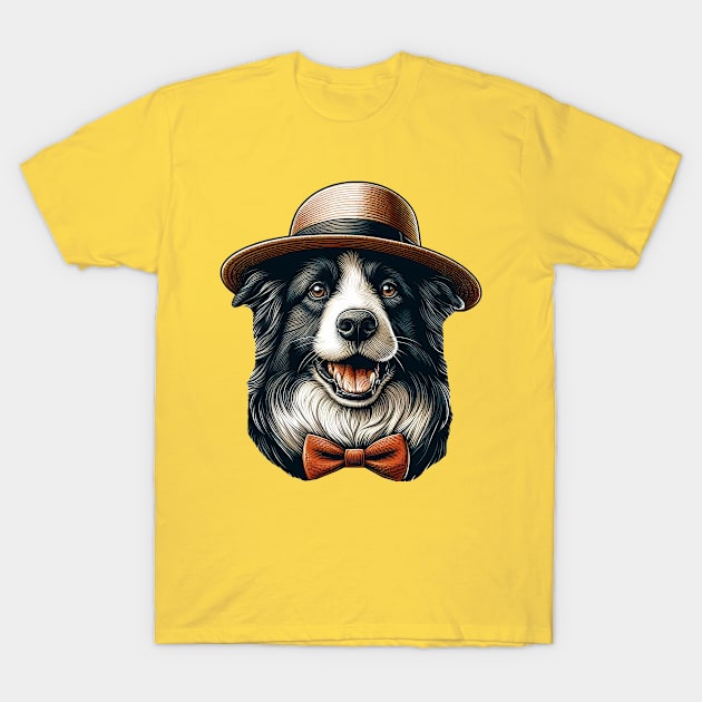 Border Collie Wearing a Straw Hat T-Shirt by Automotive_King